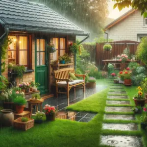 Rainy backyard of house