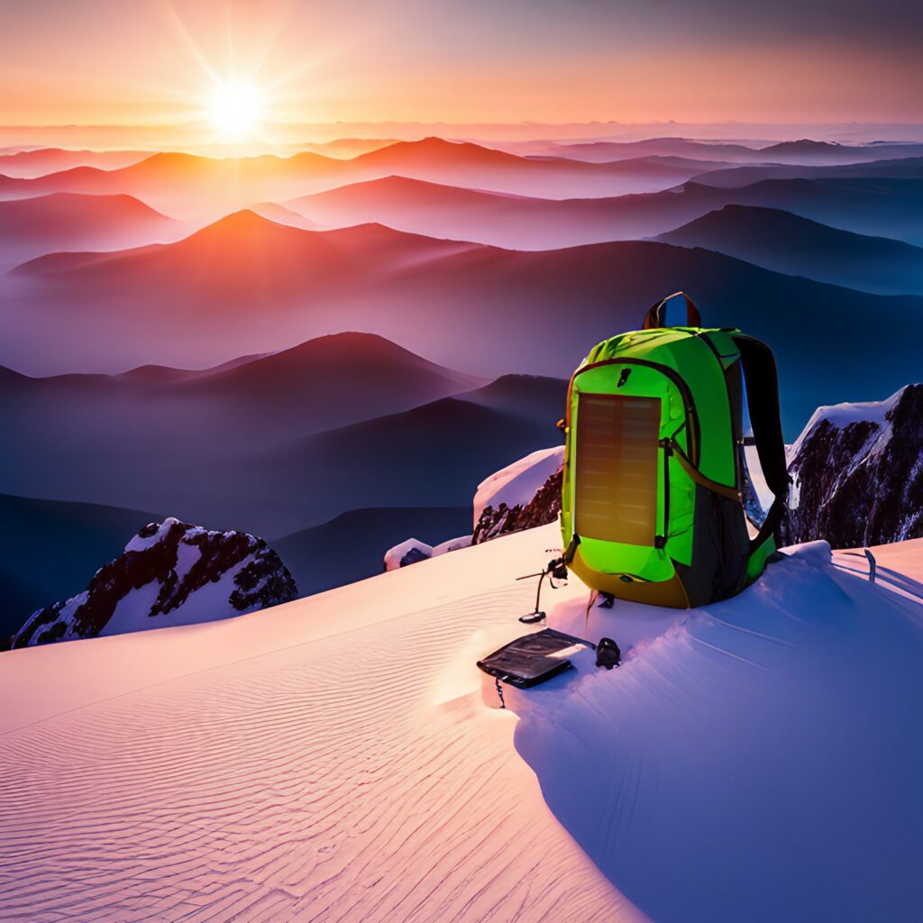 Solar backpack on snowy mountain.