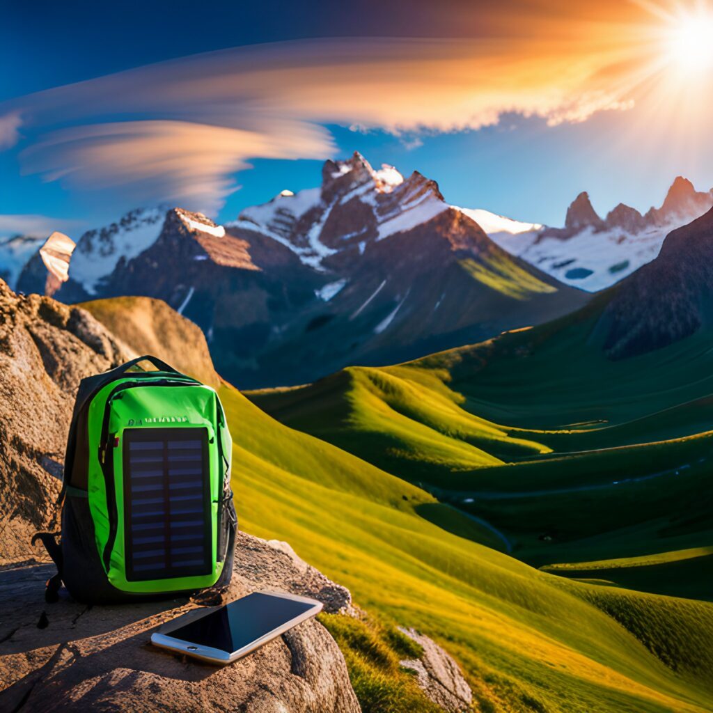 Solar backpack on mountain side.