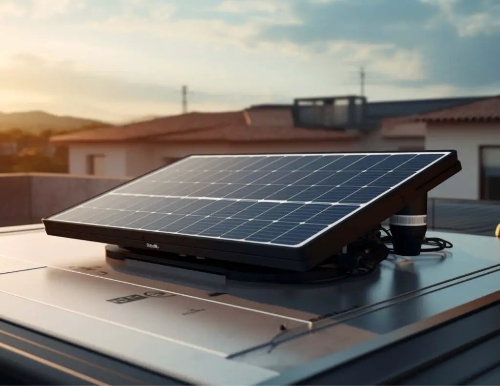 Solar panel with microinverters sitting on a roof top as the sun sets.