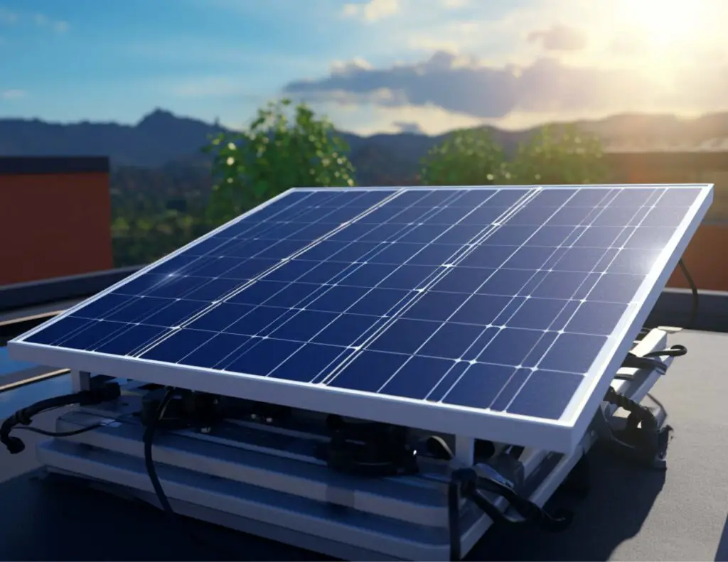Solar panel on roof with mountains in the background.