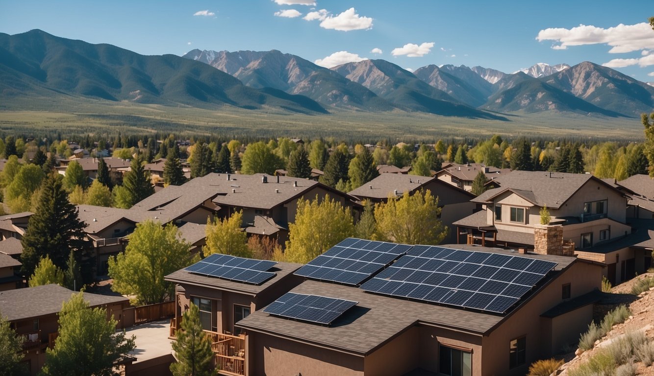 Colorado neighborhood with solar panels on rooftops.