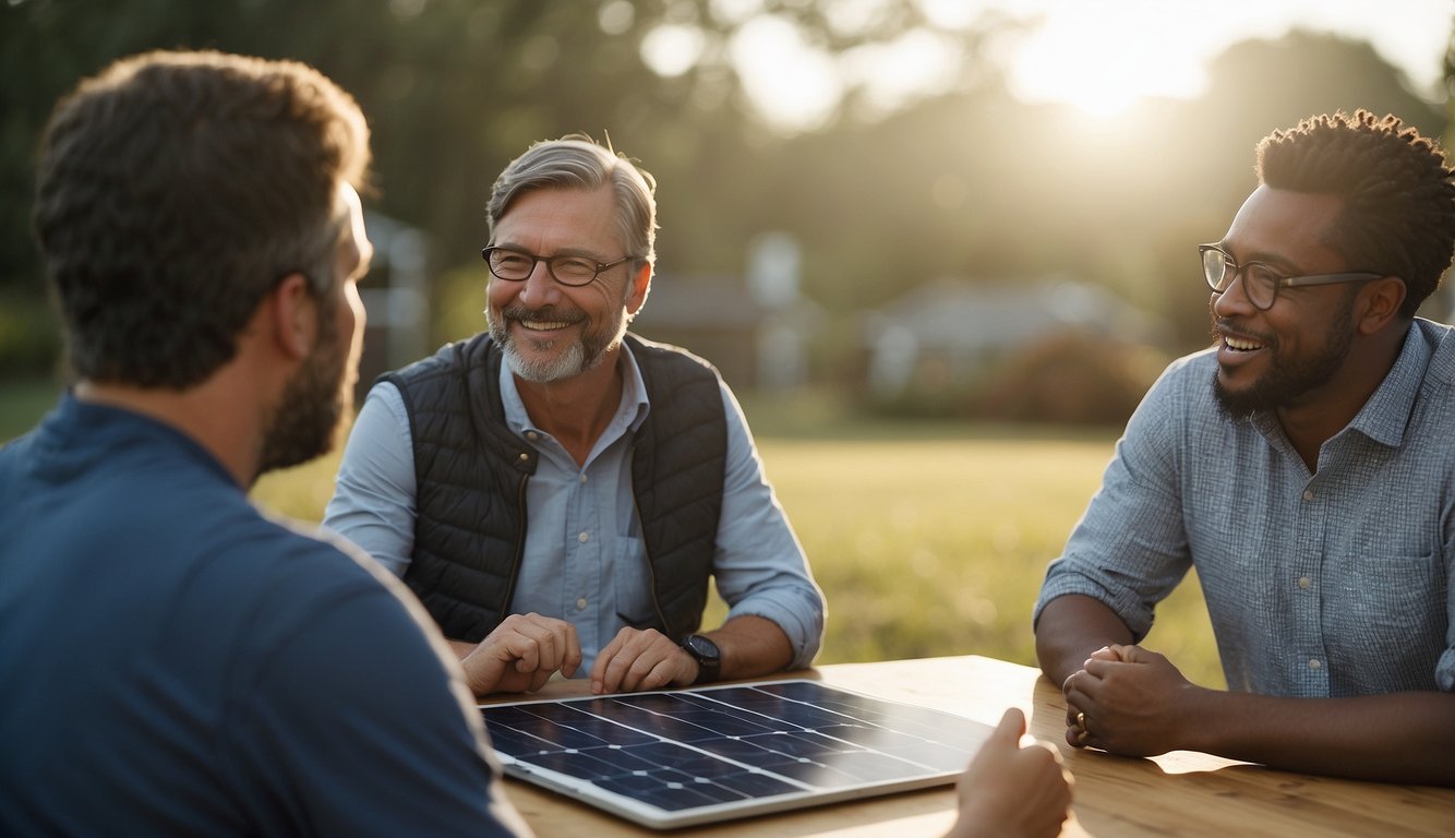 Group of men talking about a solar panel
