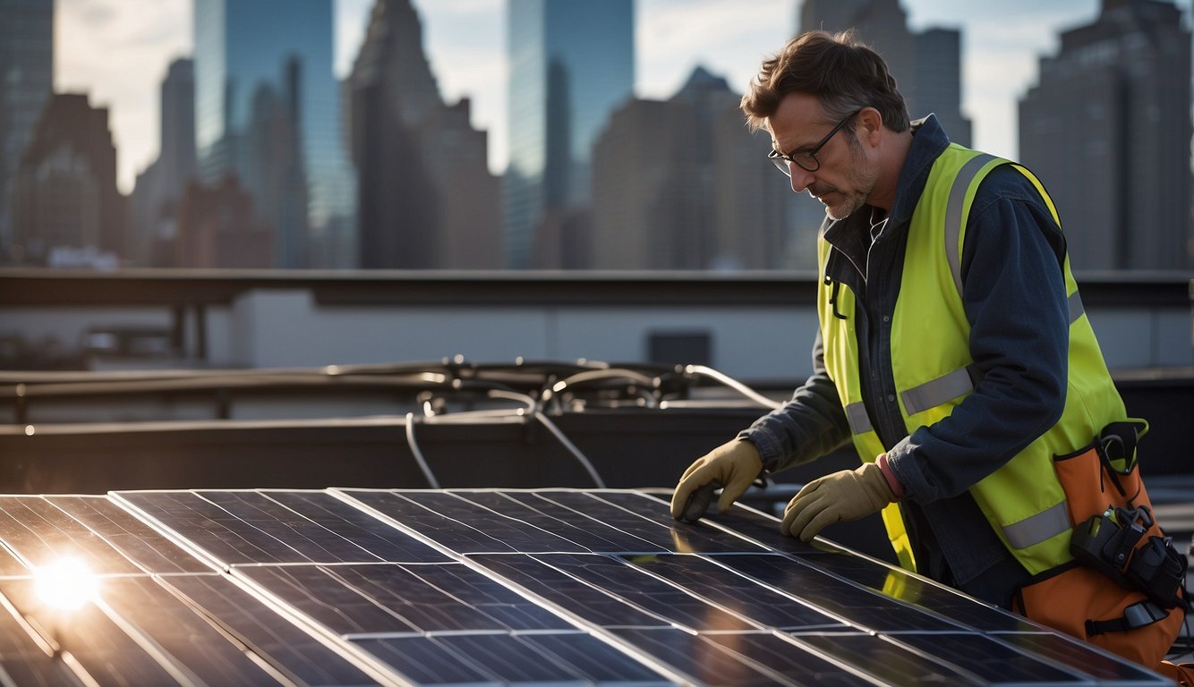 Solar installer inspecting solar panels in New York