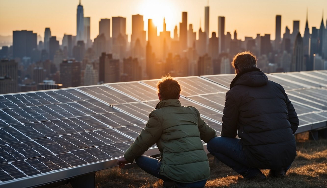 Two men near solar panels over looking NY city
