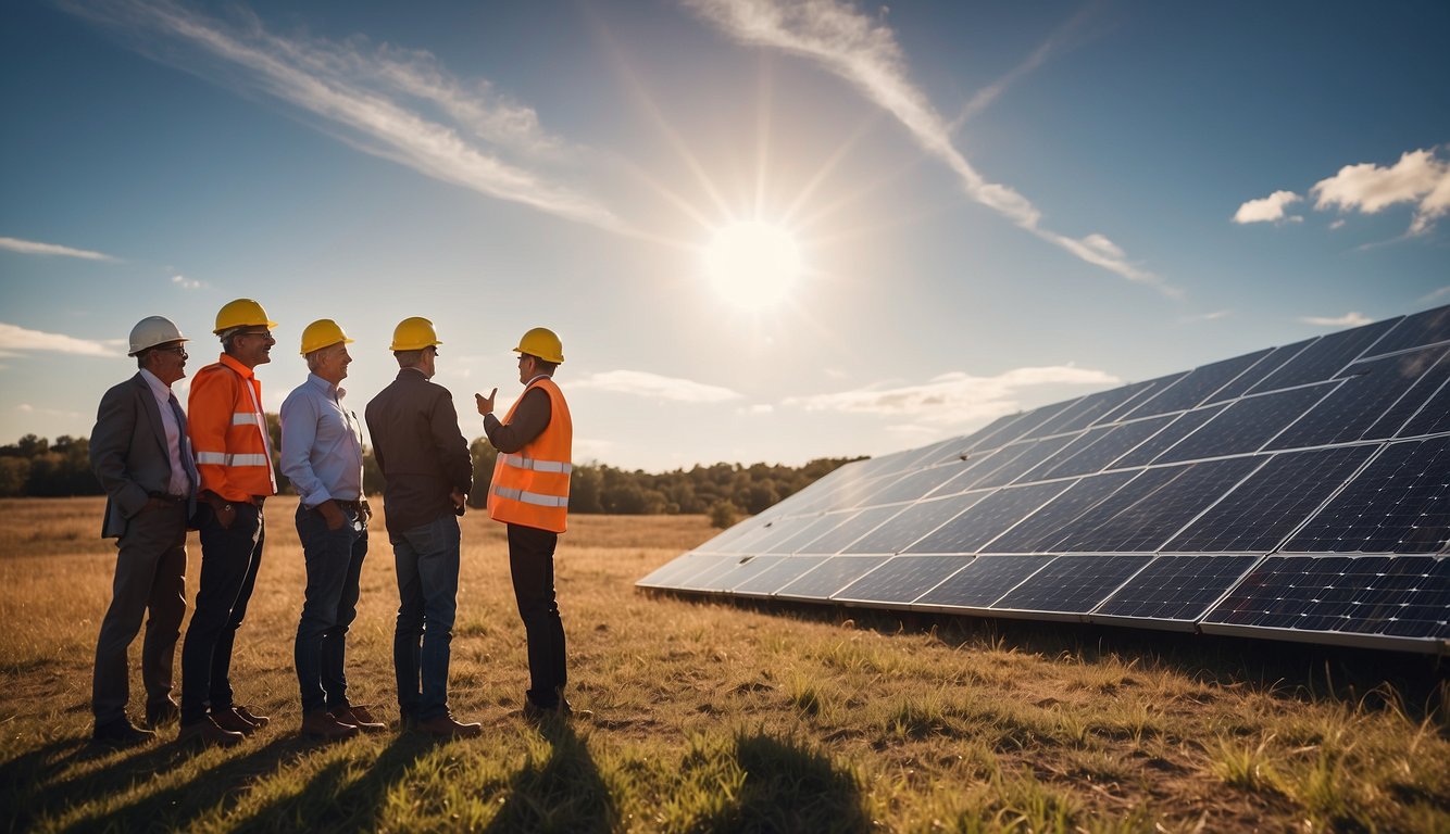 Solar professionals standing in a field with large solar array.