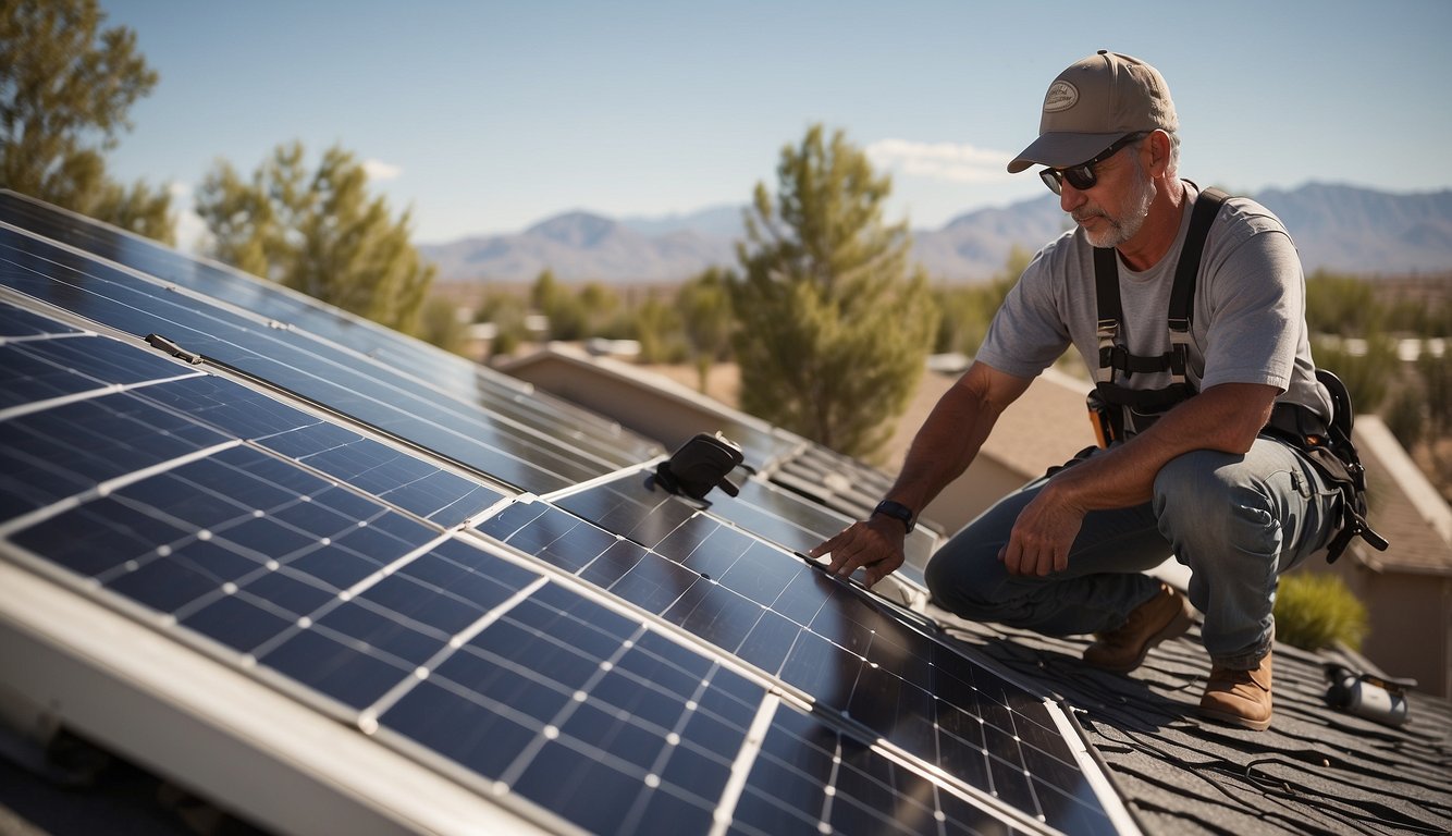 Man inspecting solar panels installed on a home