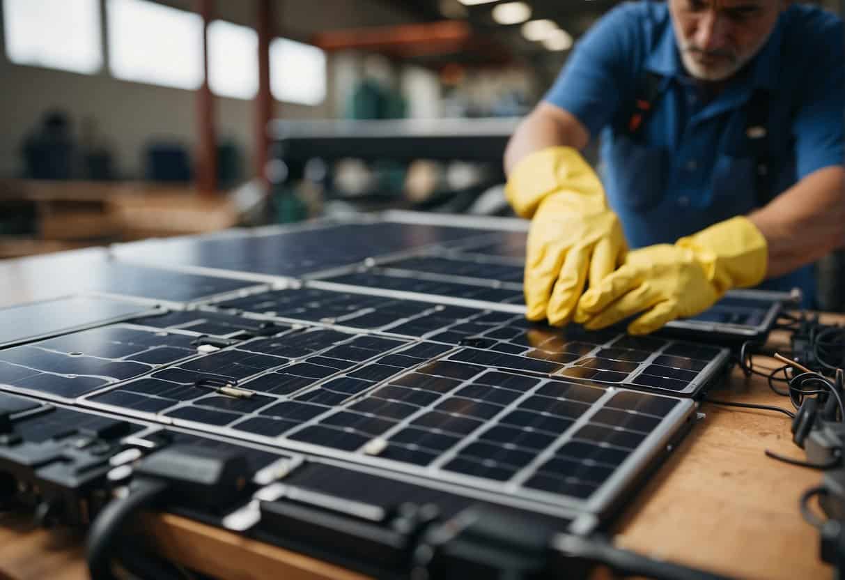 A solar panel being disassembled and its components sorted for recycling, with a focus on the different materials used in its construction