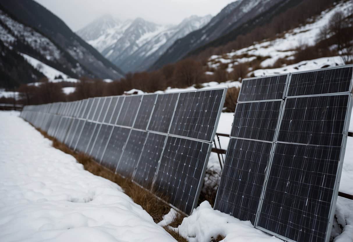 Solar panels sit idle under heavy snowfall in a mountainous region, unable to generate electricity