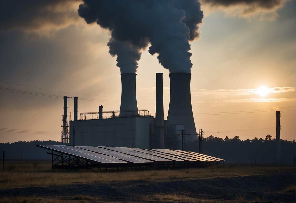 A coal power plant emits dark smoke into the atmosphere, while a solar panel sits unused in the background.
