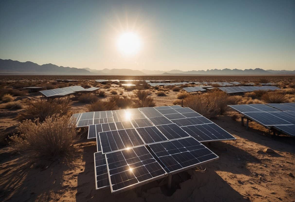 Solar panels casting shadows over a barren landscape, with dead plant life and polluted water nearby.