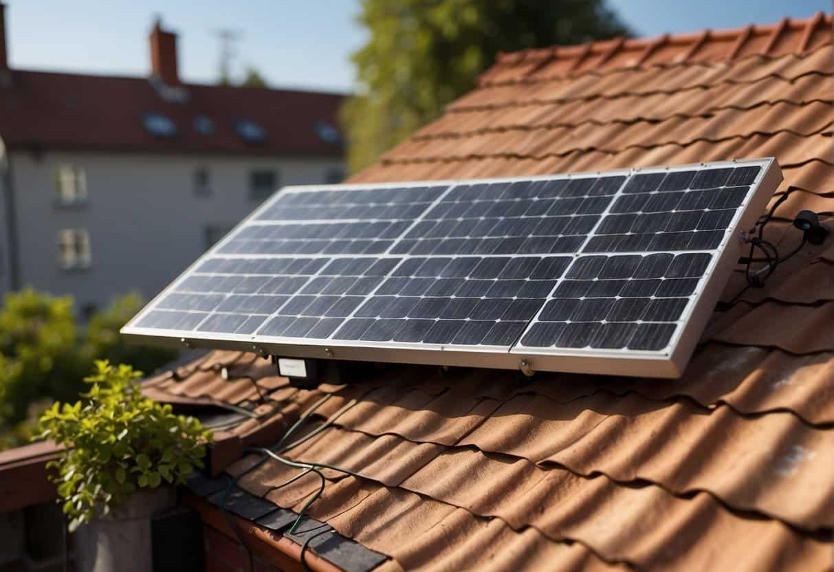 A solar panel sits on a rooftop, absorbing sunlight. It's connected to a battery, powering a nearby home